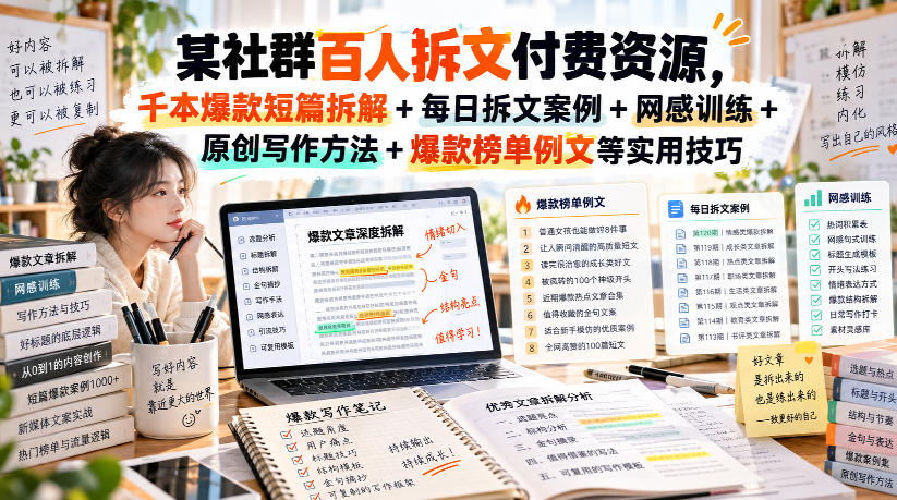 (无水印)某社群百人拆文付费资源,千本爆款短篇拆解+每日拆文案例+网感训练+原创写作方法+爆款榜单例文等实用技巧(更新1009)