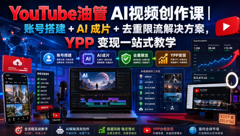 YouTube油管AI视频创作课|账号搭建+AI成片+去重限流解决方案,YPP变现一站式教学(更新0809)