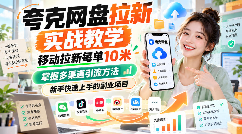 夸克网盘拉新实战教学，移动拉新每单10米，掌握多渠道引流方法，新手快速上手的副业项目（更新1017）