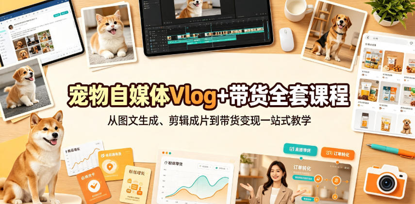 宠物自媒体Vlog+带货全套课程|从图文生成、剪辑成片到带货变现一站式教学