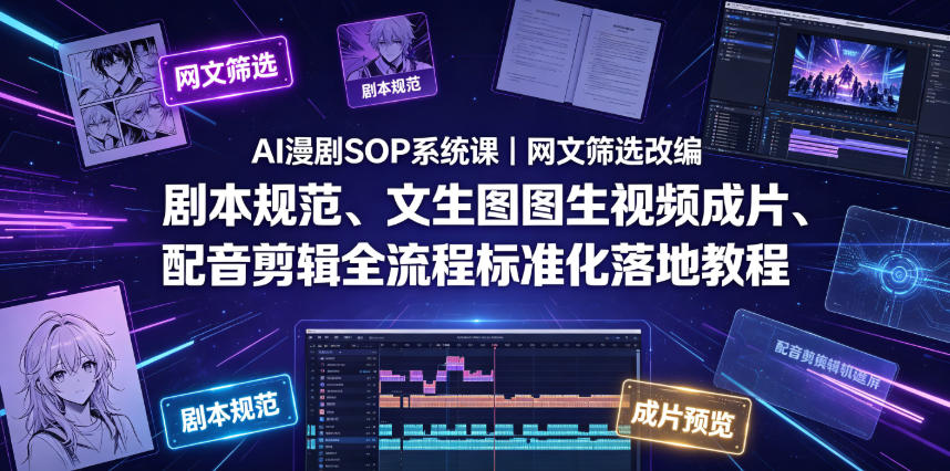 AI漫剧SOP系统课|网文筛选改编、剧本规范、文生图图生视频成片、配音剪辑全流程标准化落地教程(更新0826)