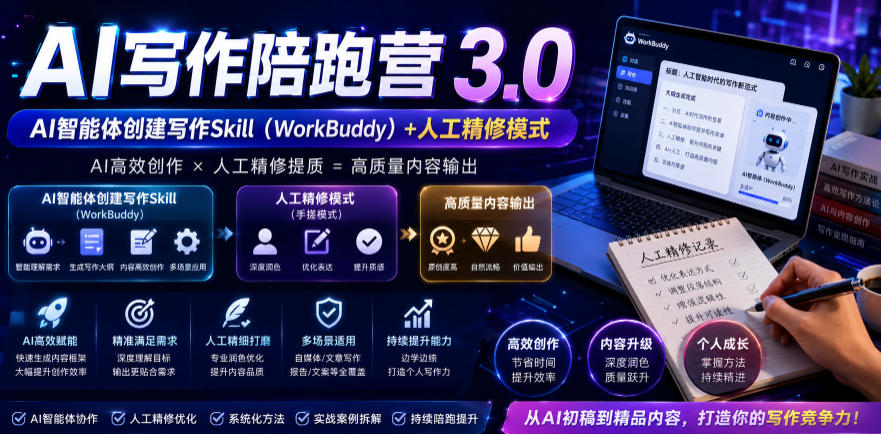 AI写作陪跑营3.0,Ai智能体创建写作skill(workbuddy)+人工手写模式(手搓模式),去除AI痕迹(头条号、公众号、百家号)(更新0907)