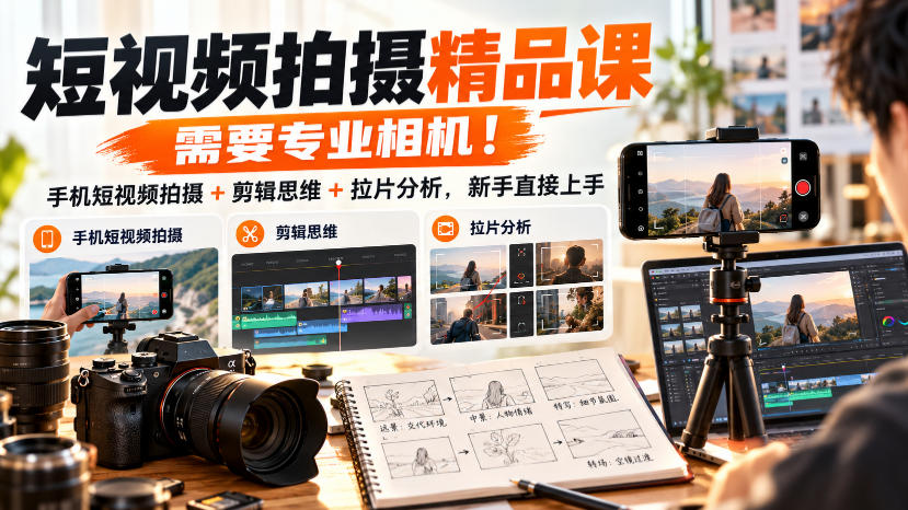 短视频拍摄精品课,需要专业相机!手机短视频拍摄+剪辑思维+拉片分析,新手直接上手