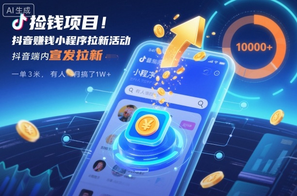 捡钱项目！抖音賺钱小程序拉新活动，抖音端内宣发拉新，一单3米，有人半个月搞了1W+