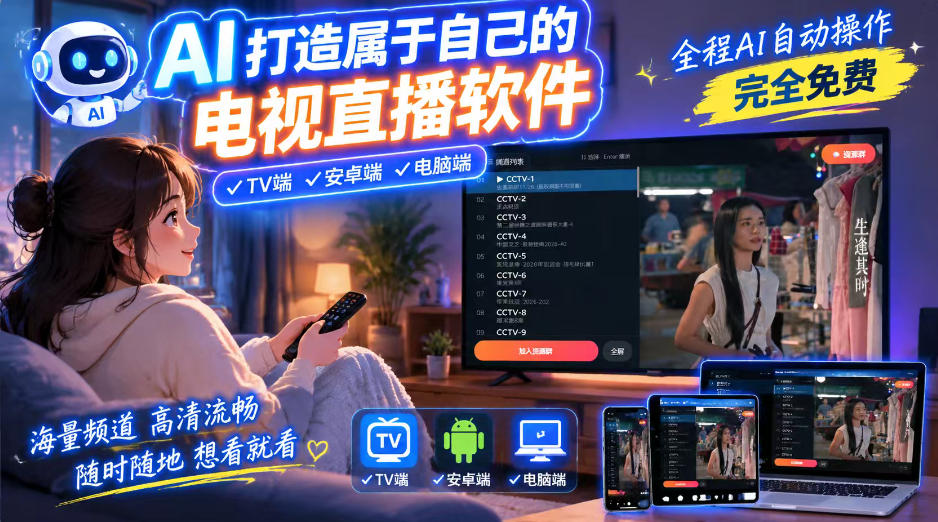 一个提示词,AI全自动做出电视直播软件,电脑、安卓、电视三端通用,完全免费,画质流畅不卡顿