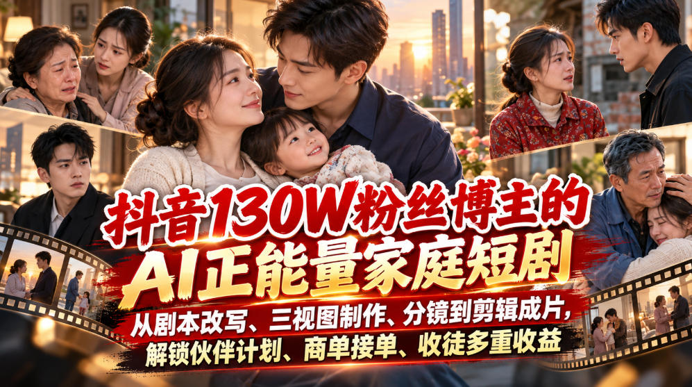 抖音130W粉丝博主的AI正能量家庭短剧,从剧本改写、三视图制作、分镜到剪辑成片,解锁伙伴计划、商单接单、收徒多重收益