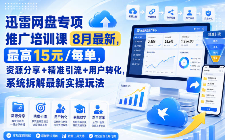 迅雷网盘专项推广培训课8月最新，最高15米/每单，资源分享+精准引流+用户转化，系统拆解最新实操玩法（更新0824）