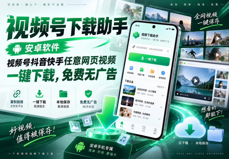视频号下载助手,安卓软件,视频号抖音快手任意网页视频,一键下载,免费无广告
