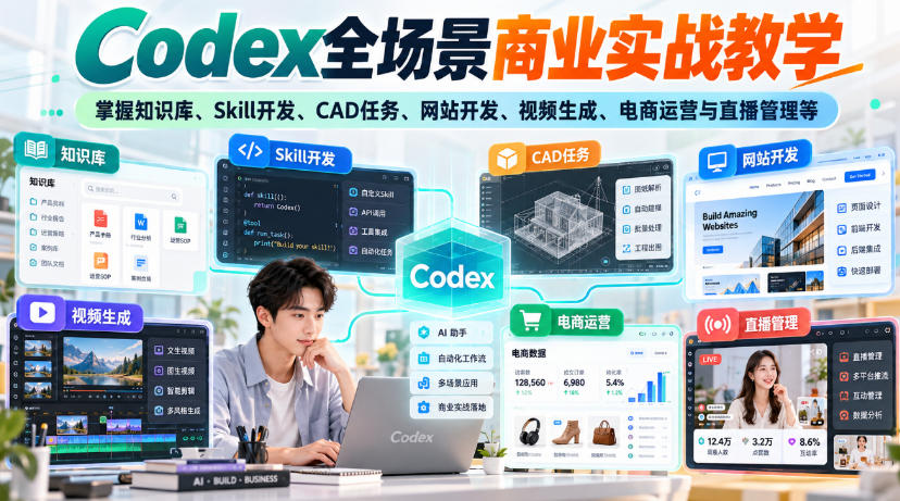 Codex全场景商业实战教学，掌握知识库、Skill开发、CAD任务、网站开发、视频生成、电商运营与直播管理等（更新1010）