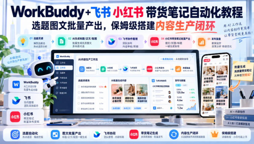 WorkBuddy+飞书小红书带货笔记自动化教程，选题图文批量产出，保姆级搭建内容生产闭环【文档】
