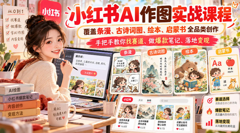 小红书AI作图实战课程,覆盖条漫、古诗词图、绘本、启蒙书全品类创作,手把手教你找赛道、做爆款笔记、落地变现(更新1017)